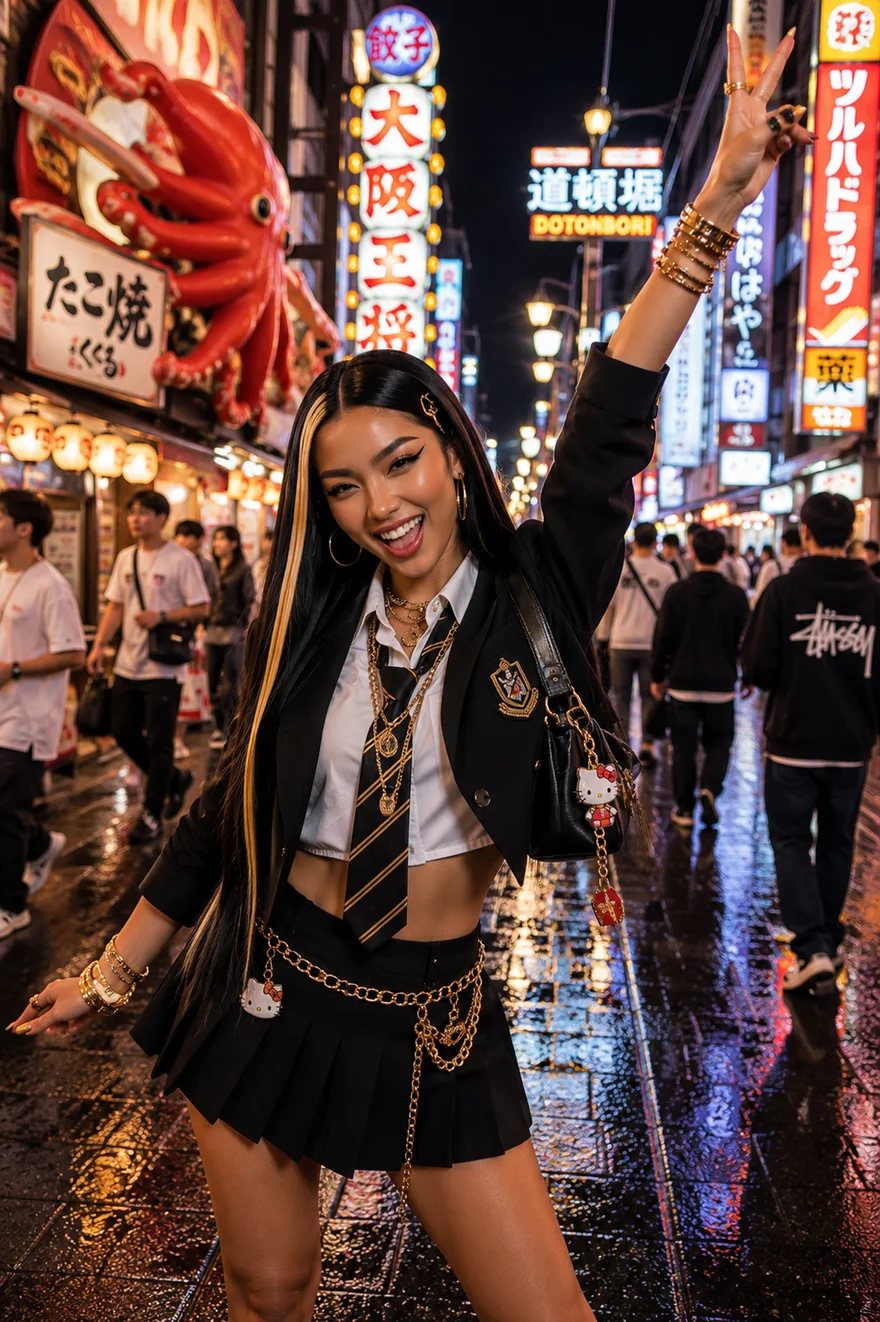 Kizuna Sato throwing a peace sign in a rain-slicked, neon-lit Dotonbori street at night